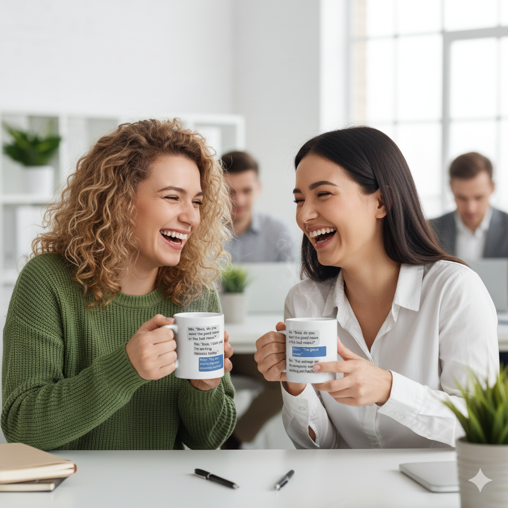 Two women laughing and holding mugs in an office setting