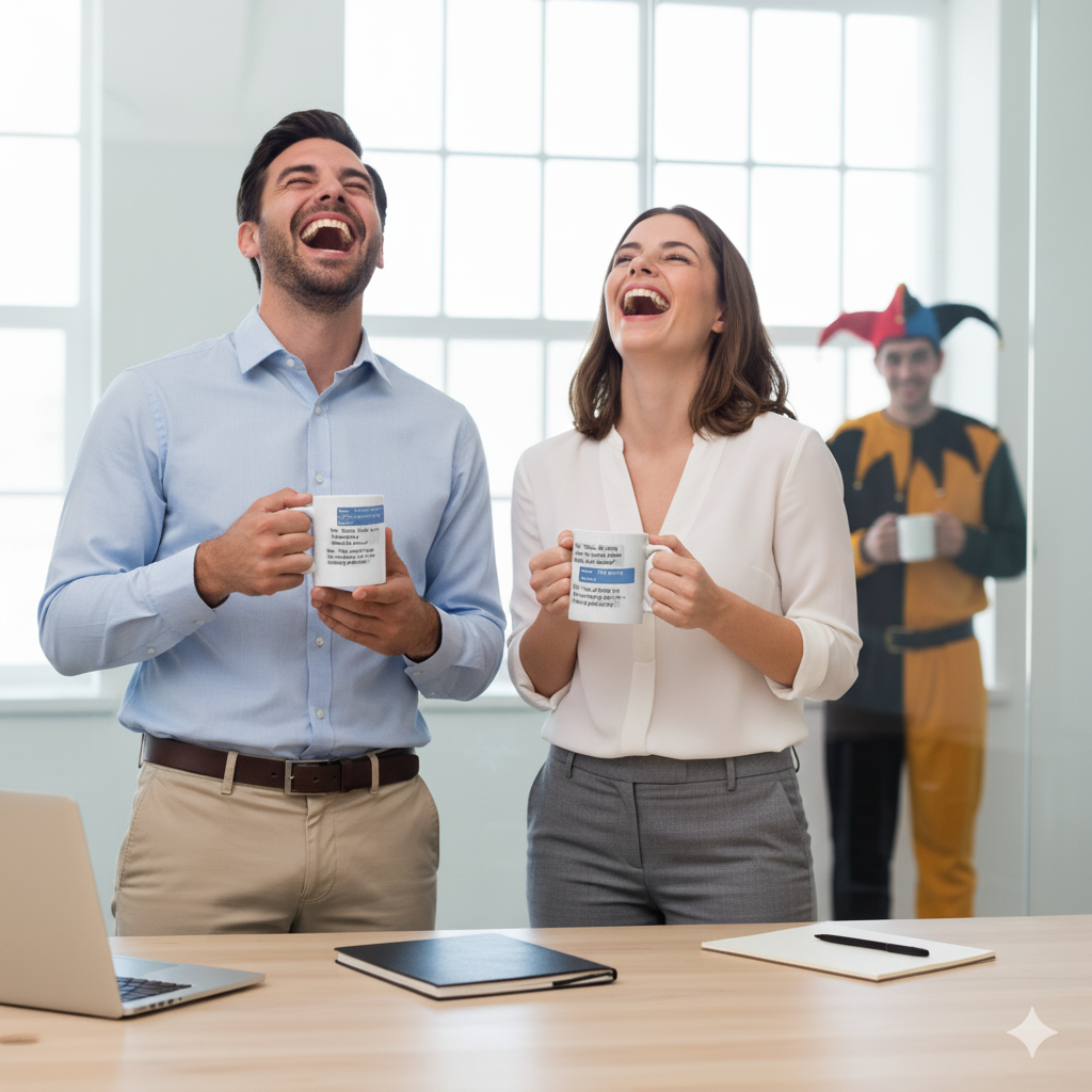 Two people laughing in an office setting with a person in a colorful costume in the background.