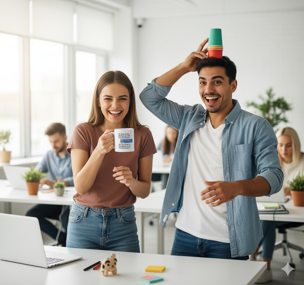 Two people in a casual office setting, one holding a mug and the other balancing cups on their head.